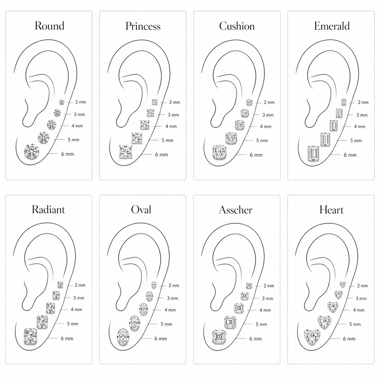Glamavera stud earring size guide showing round, princess, cushion, emerald, radiant, oval, Asscher and heart stone shapes from 2 to 6 millimetres